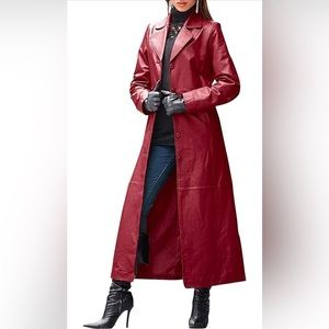 Single Breasted Faux Leather Trench Coat Mid-Long Overcoat Slim Outerwear